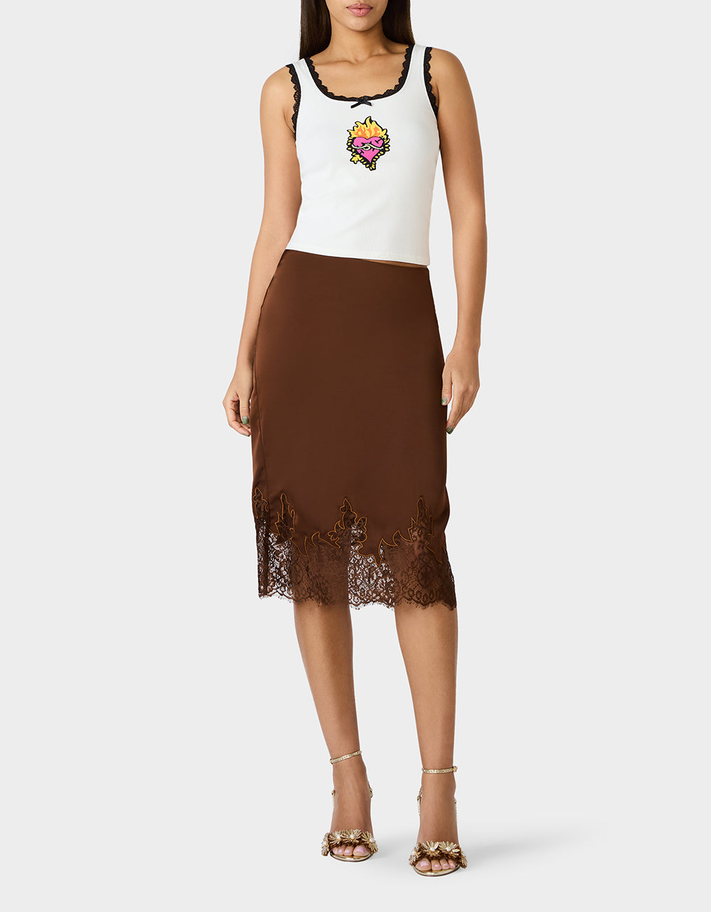 Betsey Johnson Exclusive - LACE SLIP SKIRT BROWN Women's Brown Midi Slip Skirt with Lace Trim