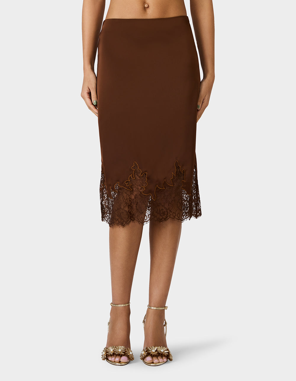 Betsey Johnson Exclusive - LACE SLIP SKIRT BROWN Women's Brown Midi Slip Skirt with Lace Trim