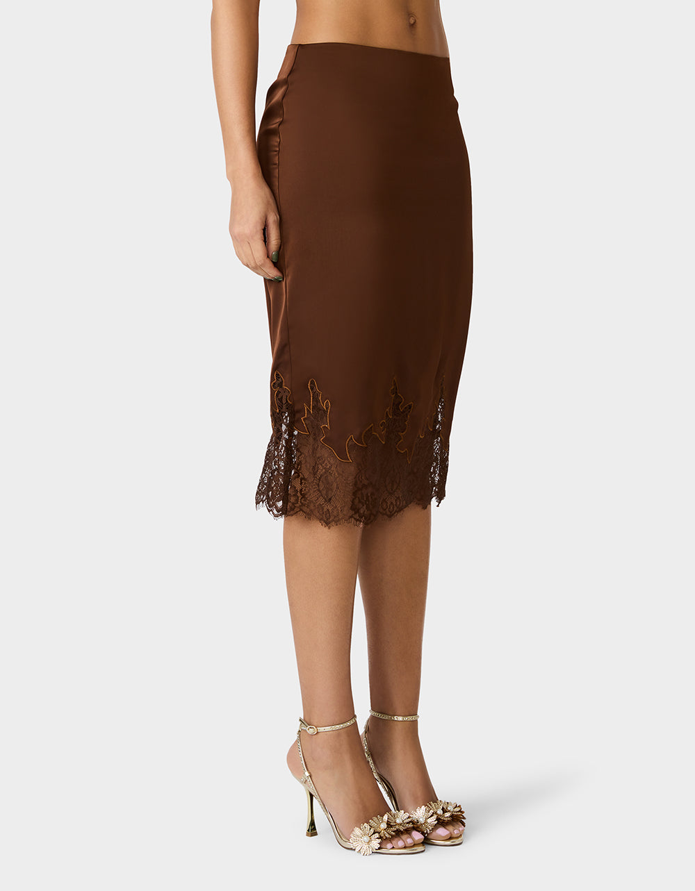 Betsey Johnson Exclusive - LACE SLIP SKIRT BROWN Women's Brown Midi Slip Skirt with Lace Trim