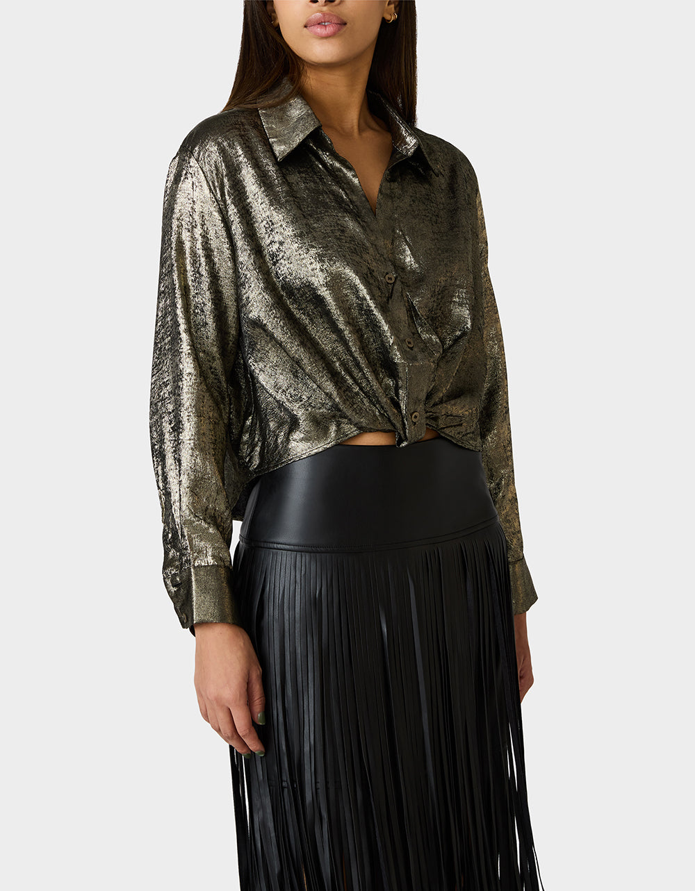 Betsey Johnson Smart Buy - GOLD RUSH TOP BLACK/GOLD Women's Brushed Long Sleeve Button Down Top