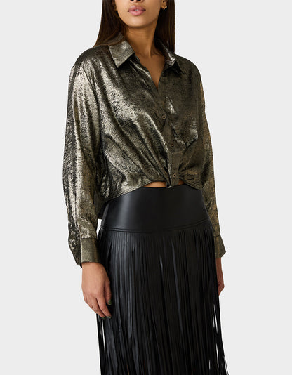 Betsey Johnson Smart Buy - GOLD RUSH TOP BLACK/GOLD Women's Brushed Long Sleeve Button Down Top