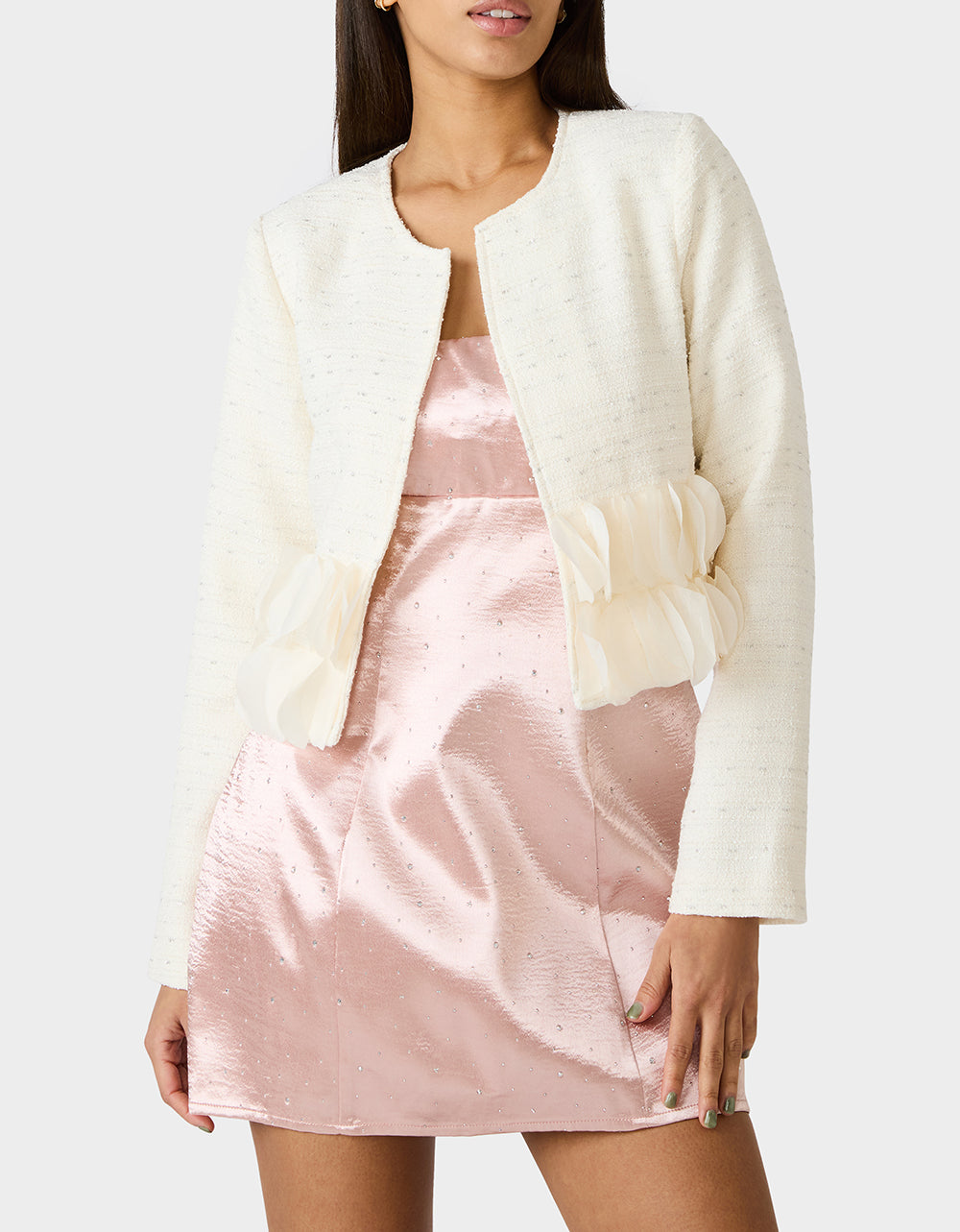 Betsey Johnson Top Pick - RUUFLE SOCIETY BLAZER CREAM Women's Cream Ruffle Trim Jacket