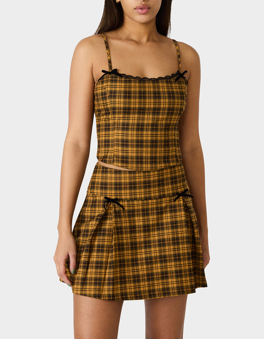 Betsey Johnson Discount - RAD PLAID TOP YELLOW PLAID Women's Yellow Plaid Cami with Lace and Bow Details