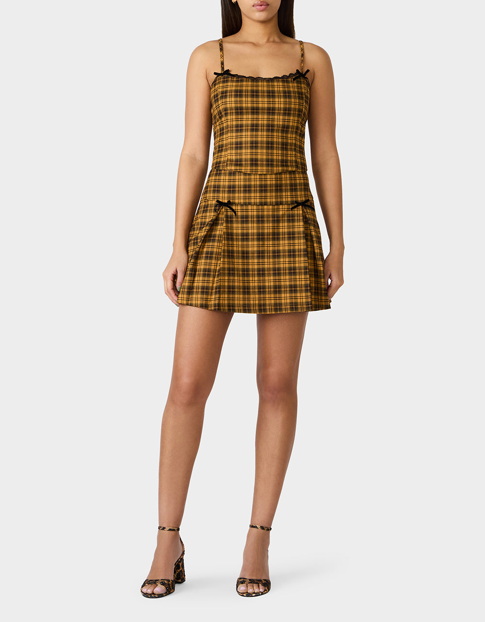 Betsey Johnson Discount - RAD PLAID TOP YELLOW PLAID Women's Yellow Plaid Cami with Lace and Bow Details