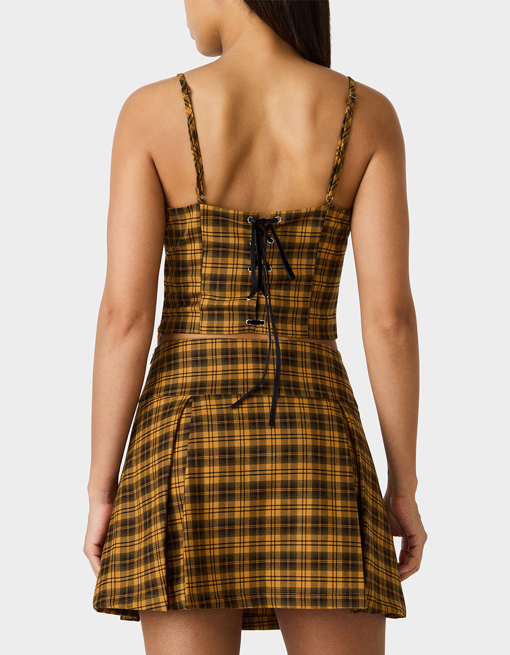 Betsey Johnson Discount - RAD PLAID TOP YELLOW PLAID Women's Yellow Plaid Cami with Lace and Bow Details