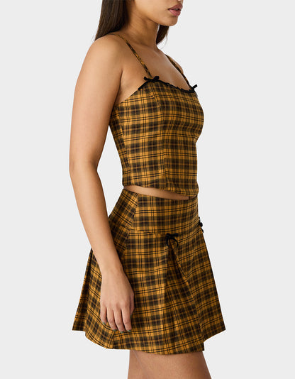 Betsey Johnson Discount - RAD PLAID TOP YELLOW PLAID Women's Yellow Plaid Cami with Lace and Bow Details