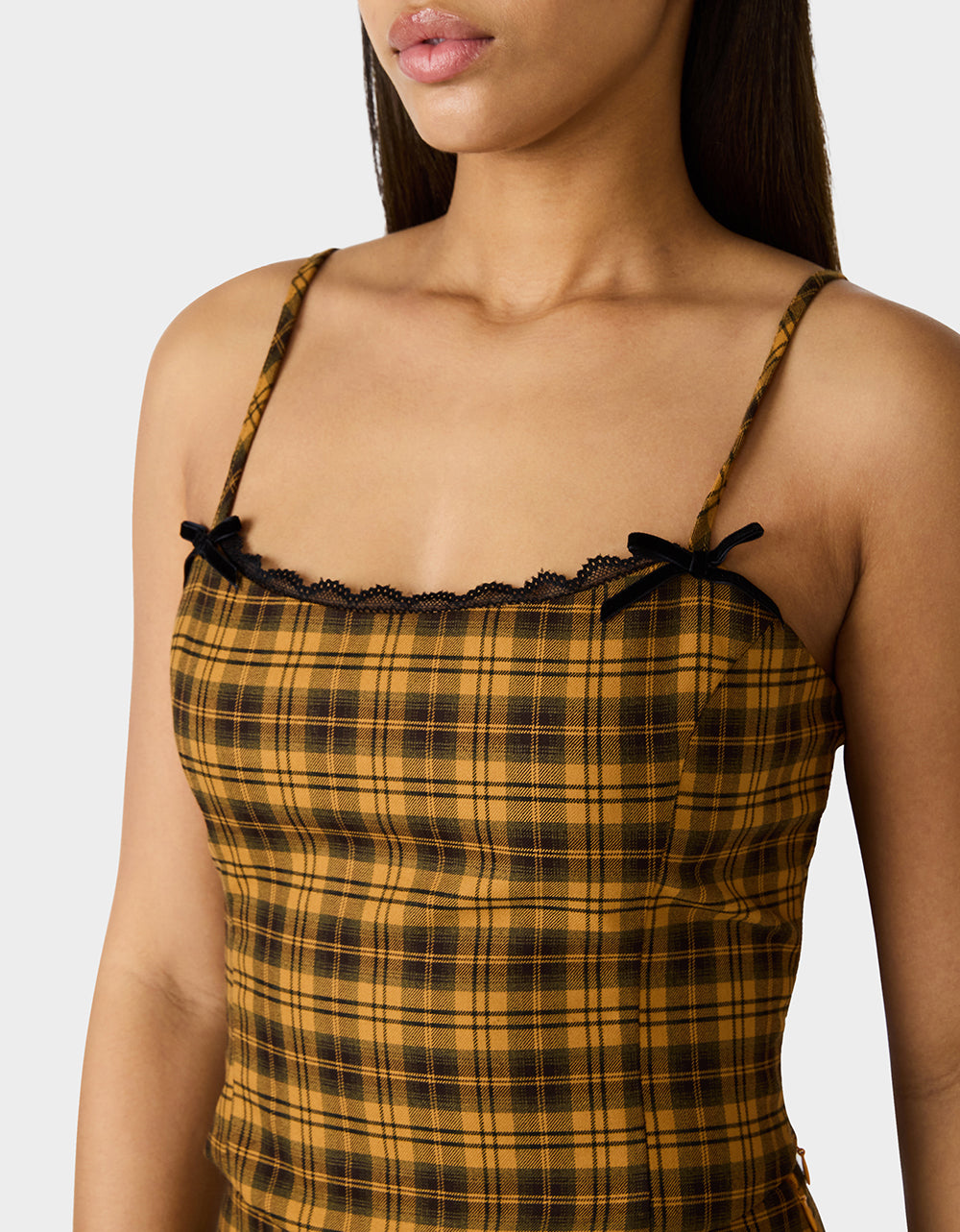 Betsey Johnson Discount - RAD PLAID TOP YELLOW PLAID Women's Yellow Plaid Cami with Lace and Bow Details