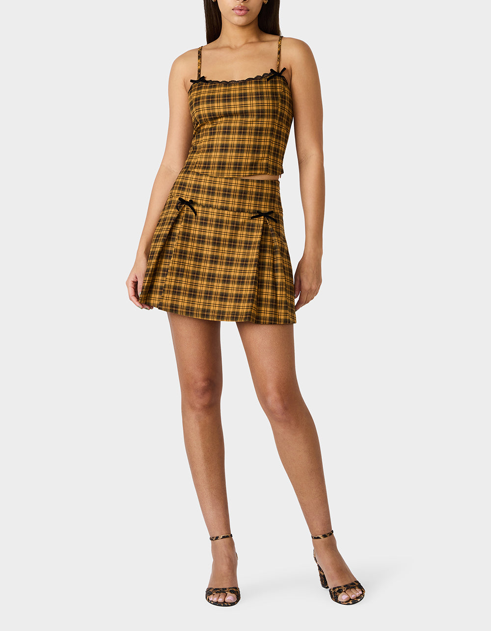 Betsey Johnson Discount - RAD PLAID TOP YELLOW PLAID Women's Yellow Plaid Cami with Lace and Bow Details