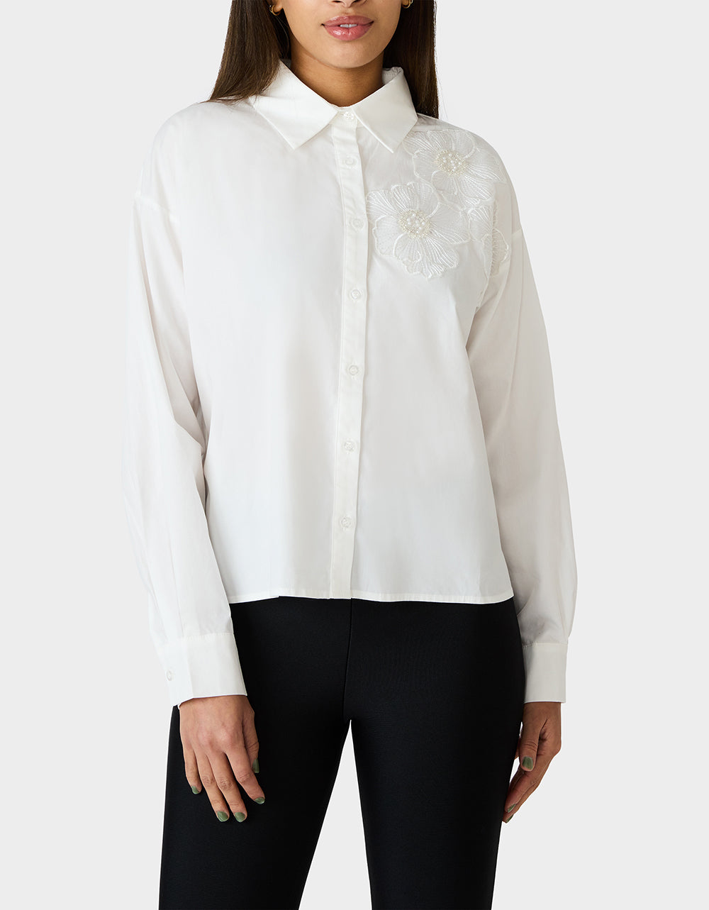 Betsey Johnson Essential - BETSEY BLOOM SHIRT OFF WHITE Button-Down Collar Floral Long-Sleeve Shirt