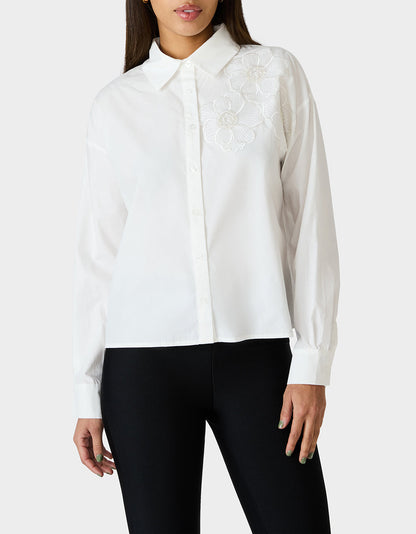 Betsey Johnson Essential - BETSEY BLOOM SHIRT OFF WHITE Button-Down Collar Floral Long-Sleeve Shirt