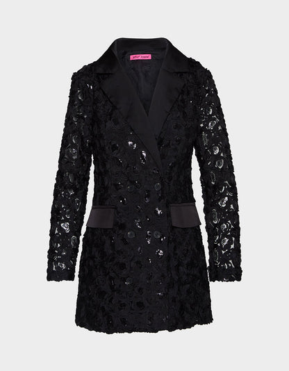 Betsey Johnson Premium - ROSETTE BLAZER DRESS BLACK Women's Black Blazer Dress with Rose Sequin Details