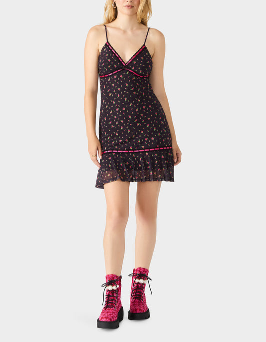 Betsey Johnson Classic - ROSEBUD SLIP DRESS BLACK Women's Floral Print Mini Slip Dress