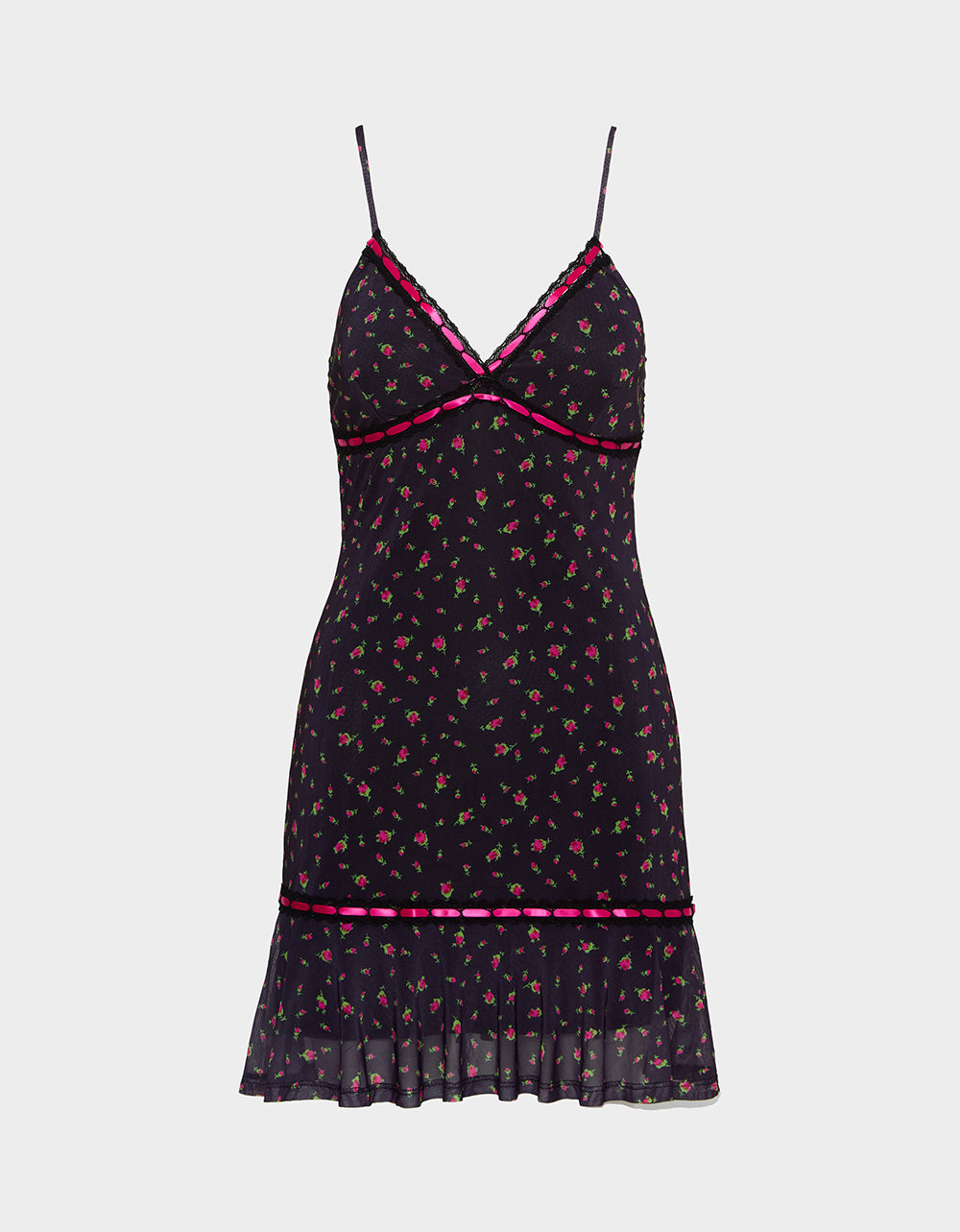 Betsey Johnson Classic - ROSEBUD SLIP DRESS BLACK Women's Floral Print Mini Slip Dress