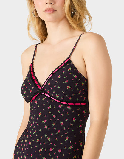 Betsey Johnson Classic - ROSEBUD SLIP DRESS BLACK Women's Floral Print Mini Slip Dress