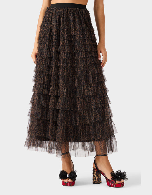 Betsey Johnson Quality - RUFFLED MAXI SKIRT LEOAPRD Women's Tiered Tulle Leopard Maxi Skirt