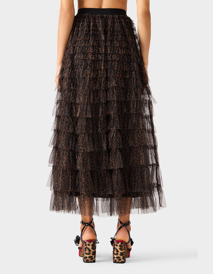 Betsey Johnson Quality - RUFFLED MAXI SKIRT LEOAPRD Women's Tiered Tulle Leopard Maxi Skirt