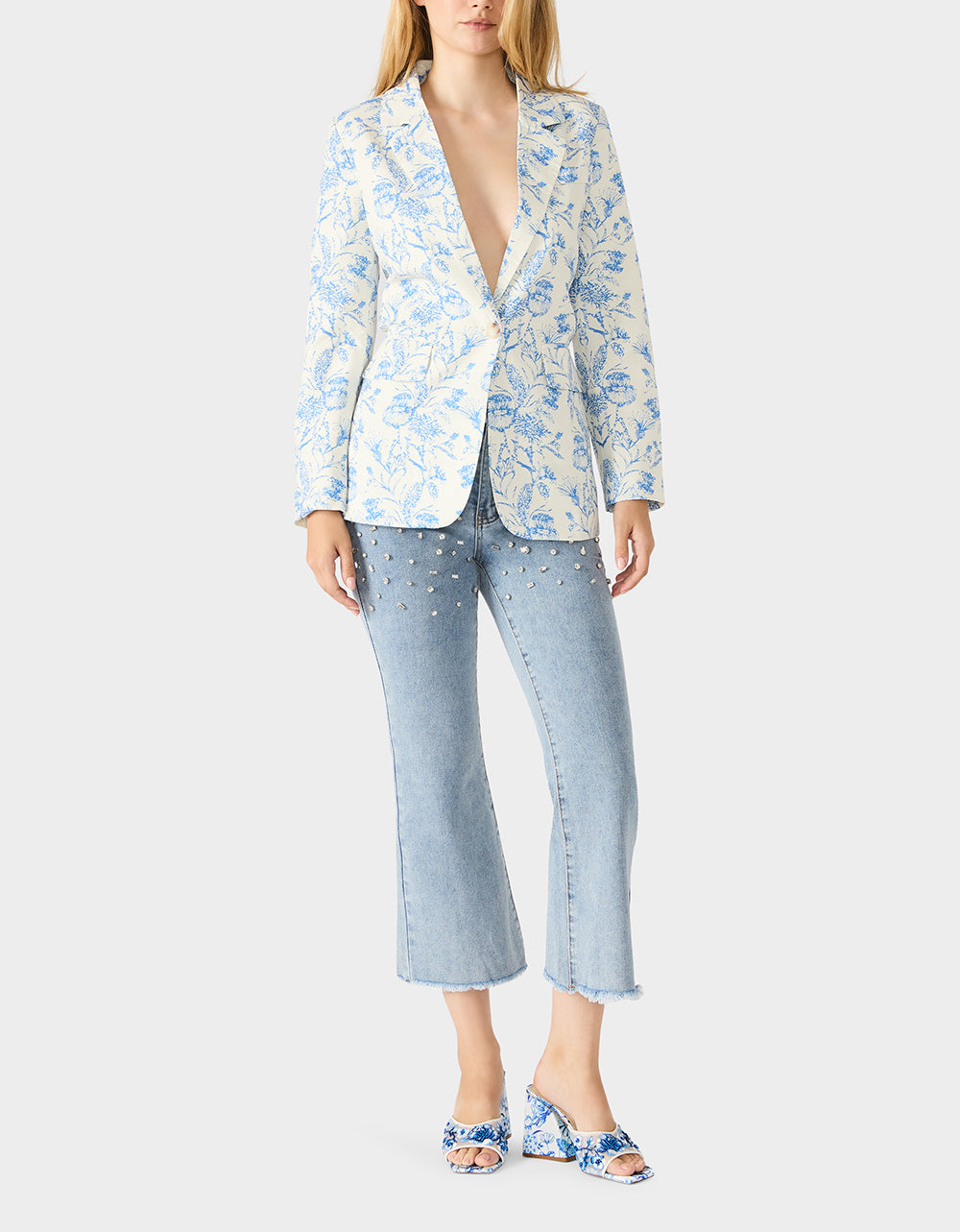 Betsey Johnson Signature - BOYFRIEND BLUE FLORAL BLAZER BLUE Women's Long-Sleeved Floral Print Blazer Jacket