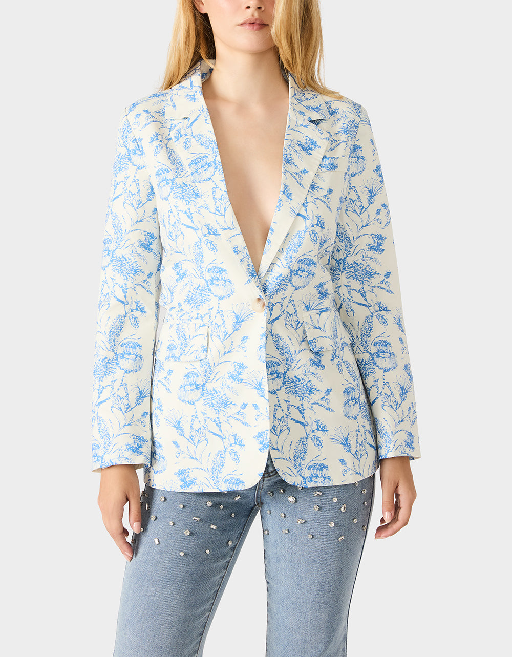 Betsey Johnson Signature - BOYFRIEND BLUE FLORAL BLAZER BLUE Women's Long-Sleeved Floral Print Blazer Jacket