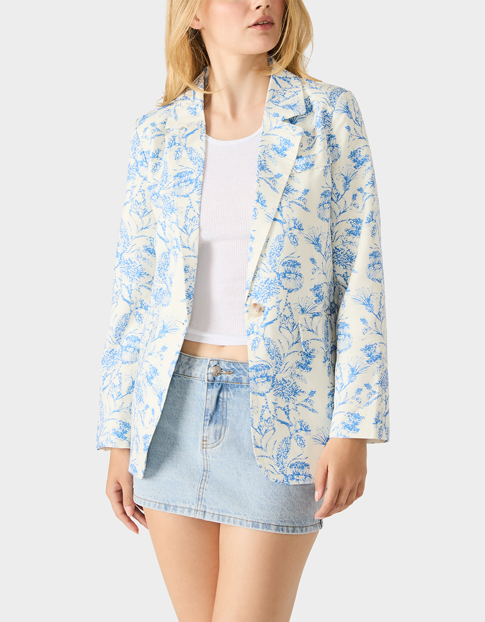 Betsey Johnson Signature - BOYFRIEND BLUE FLORAL BLAZER BLUE Women's Long-Sleeved Floral Print Blazer Jacket