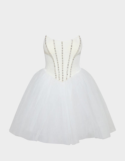 Betsey Johnson Quality - SHEER BALLERINA DRESS WHITE Women's Strapless Rhinestone Embellished Tulle Mini Dress