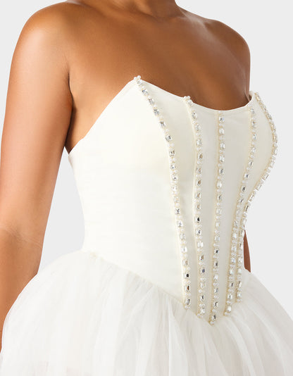 Betsey Johnson Quality - SHEER BALLERINA DRESS WHITE Women's Strapless Rhinestone Embellished Tulle Mini Dress