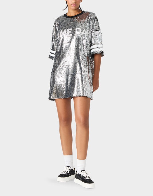 Betsey Johnson Premium - GAME DAY JERSEY SEQUIN DRESS SILVER Women's Sequin Short-Sleeved Dress