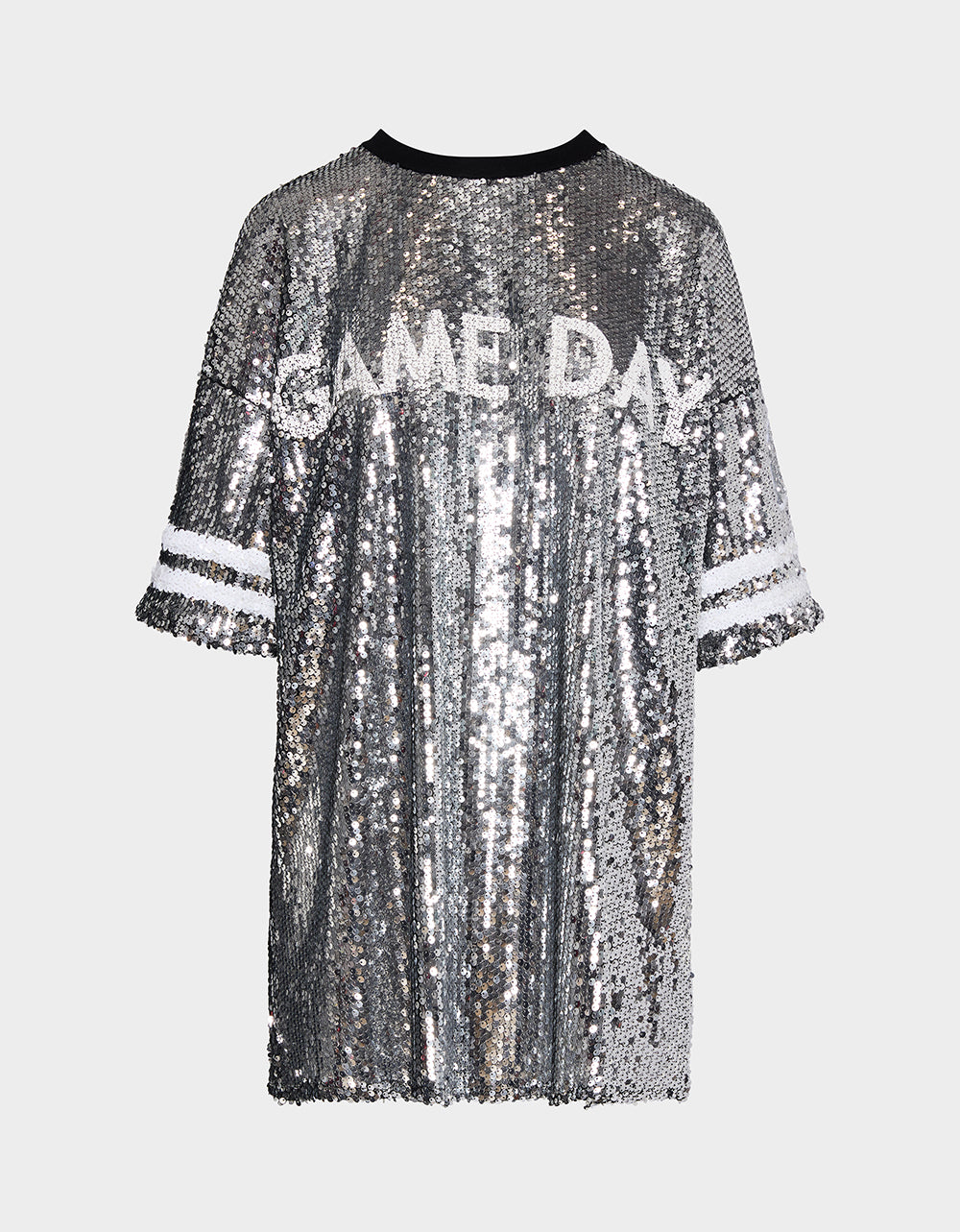 Betsey Johnson Premium - GAME DAY JERSEY SEQUIN DRESS SILVER Women's Sequin Short-Sleeved Dress