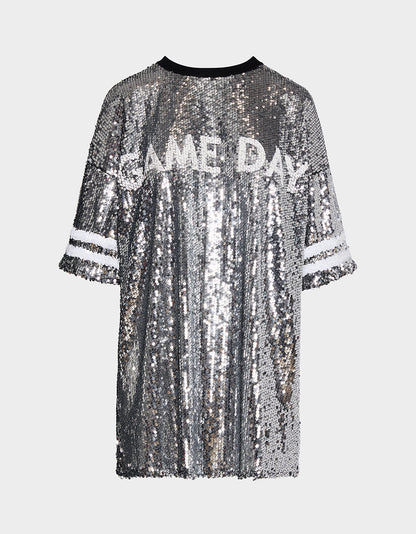 Betsey Johnson Premium - GAME DAY JERSEY SEQUIN DRESS SILVER Women's Sequin Short-Sleeved Dress