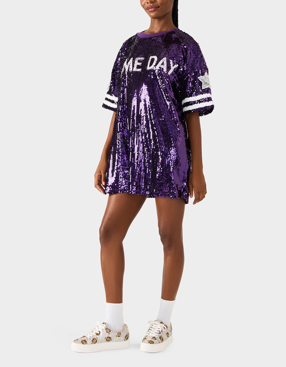 Betsey Johnson Value - GAME DAY JERSEY SEQUIN DRESS PURPLE Women's Sequin Short-Sleeved Dress