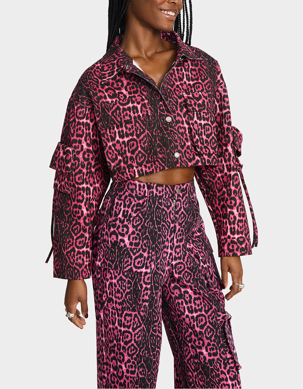 Betsey Johnson Special Offer - YUKI CROPPED JACKET PINK Women's Cargo Leopard Long-Sleeved Denim Jacket