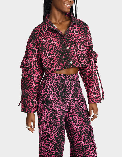 Betsey Johnson Special Offer - YUKI CROPPED JACKET PINK Women's Cargo Leopard Long-Sleeved Denim Jacket
