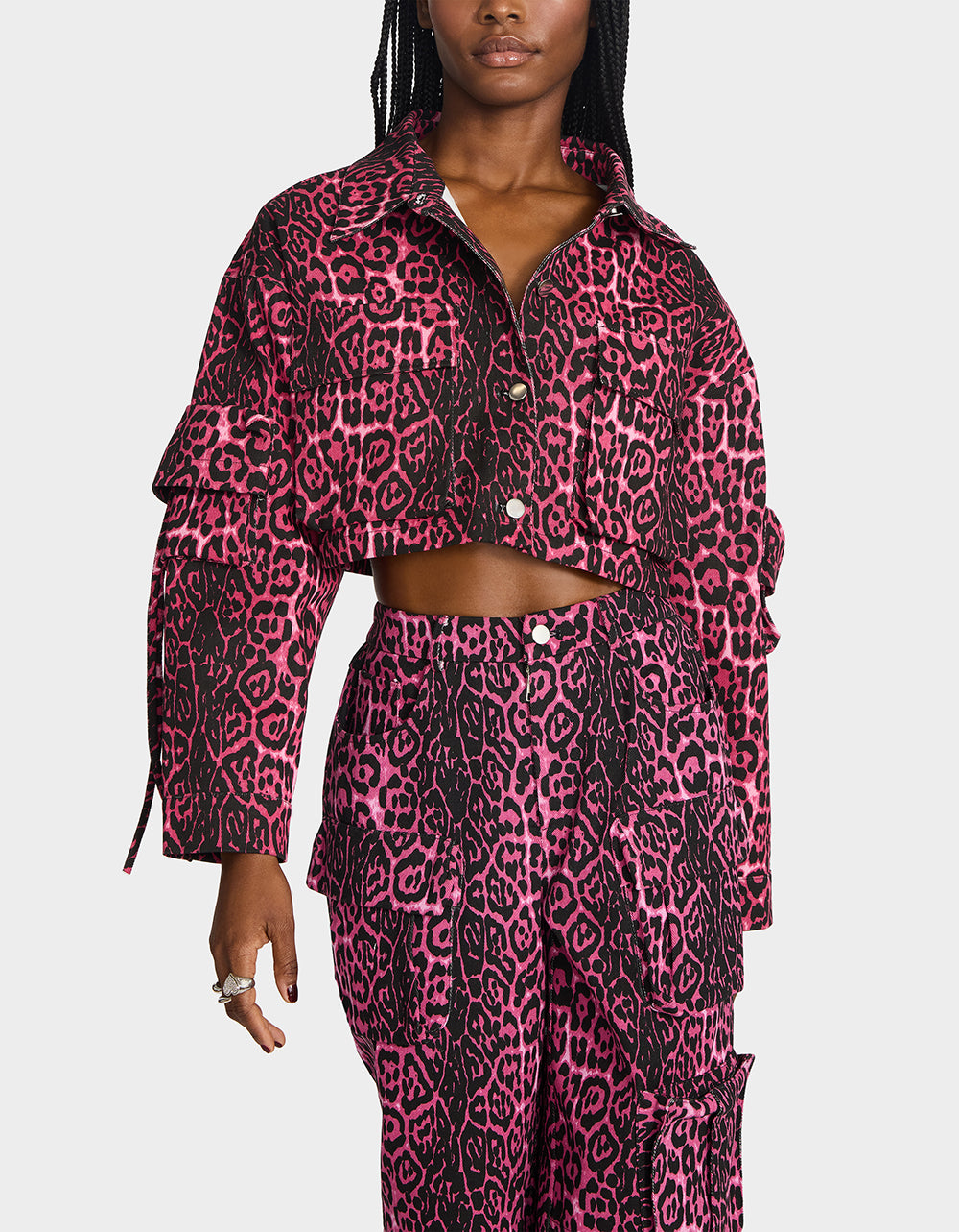 Betsey Johnson Special Offer - YUKI CROPPED JACKET PINK Women's Cargo Leopard Long-Sleeved Denim Jacket