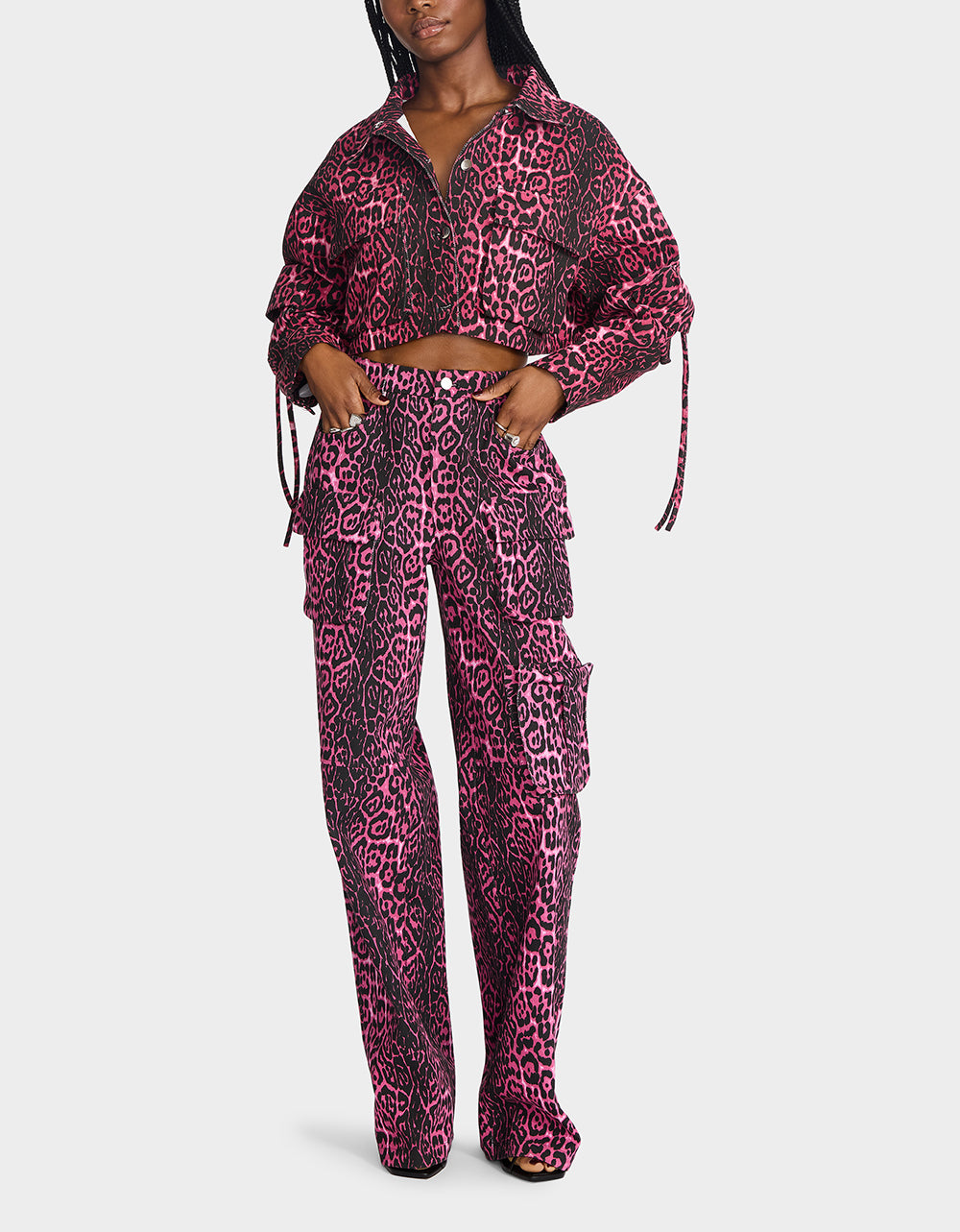 Betsey Johnson Special Offer - YUKI CROPPED JACKET PINK Women's Cargo Leopard Long-Sleeved Denim Jacket