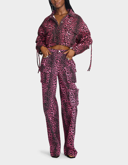 Betsey Johnson Special Offer - YUKI CROPPED JACKET PINK Women's Cargo Leopard Long-Sleeved Denim Jacket