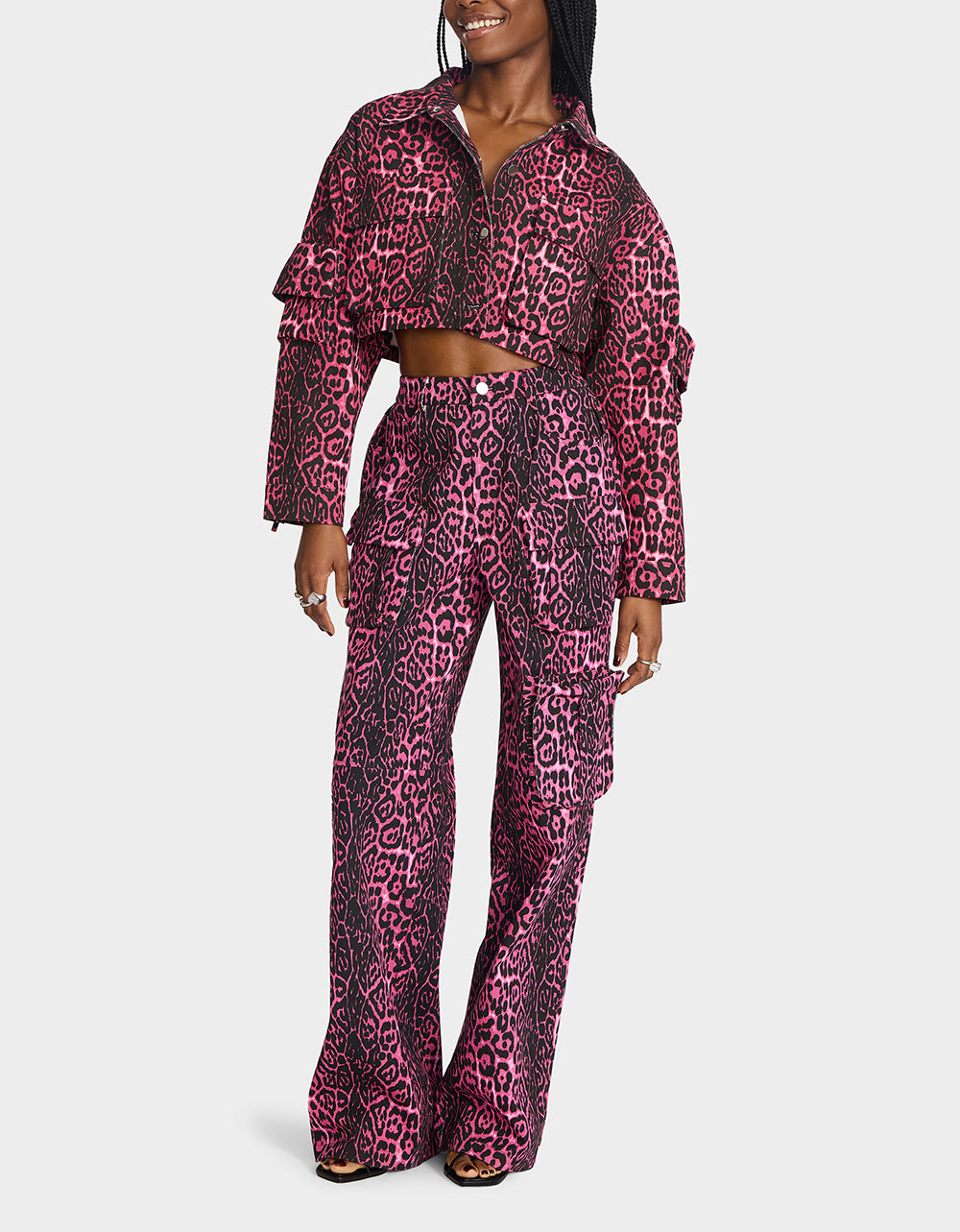 Betsey Johnson Special Offer - YUKI CROPPED JACKET PINK Women's Cargo Leopard Long-Sleeved Denim Jacket