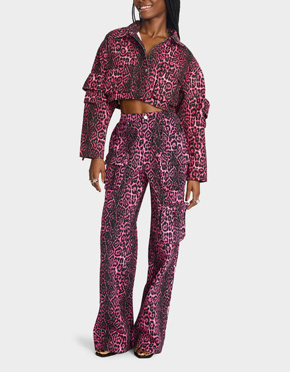 Betsey Johnson Special Offer - YUKI CROPPED JACKET PINK Women's Cargo Leopard Long-Sleeved Denim Jacket