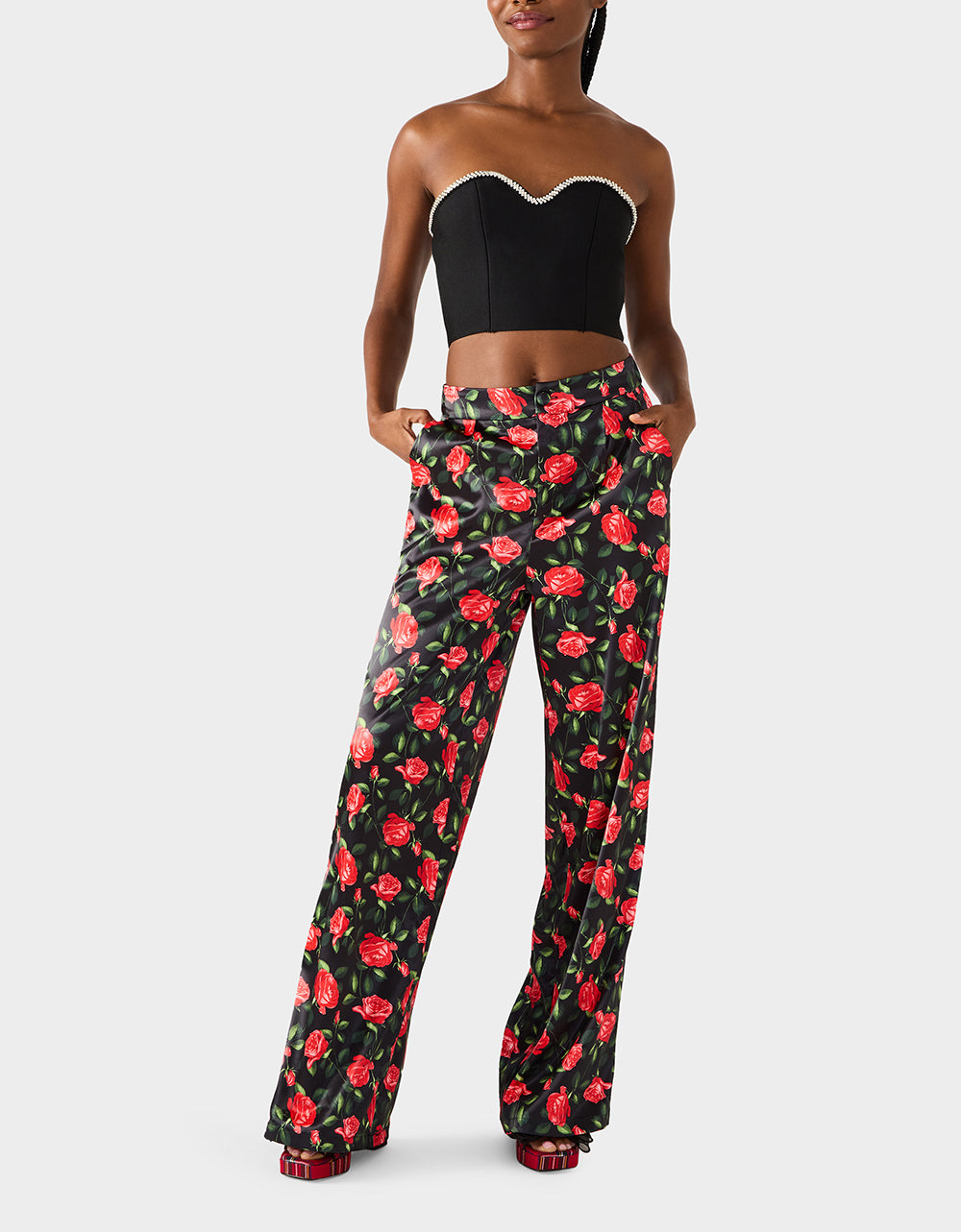 Betsey Johnson Featured - POWER BLOOM PANT BLACK Women's Black Red Floral Pant