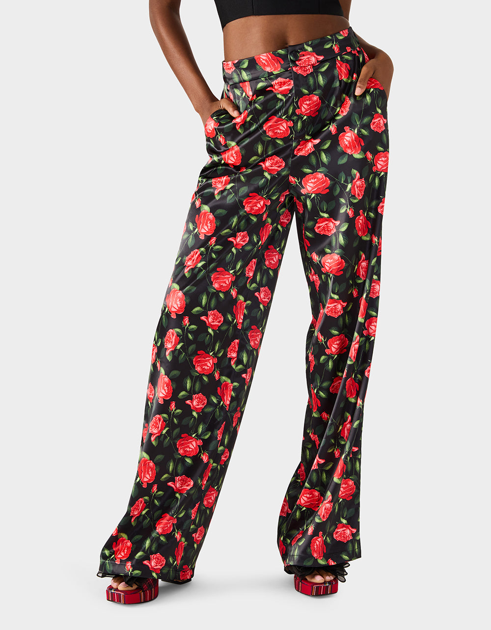 Betsey Johnson Featured - POWER BLOOM PANT BLACK Women's Black Red Floral Pant