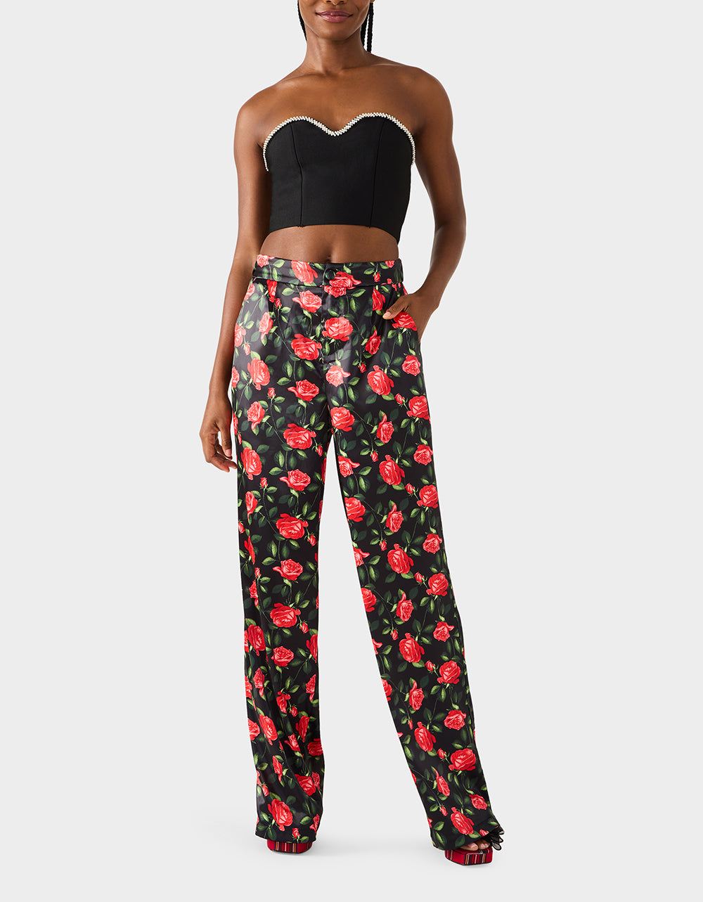 Betsey Johnson Featured - POWER BLOOM PANT BLACK Women's Black Red Floral Pant