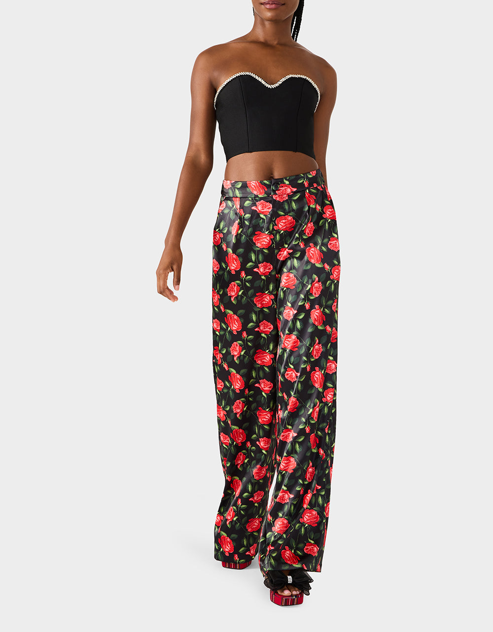 Betsey Johnson Featured - POWER BLOOM PANT BLACK Women's Black Red Floral Pant