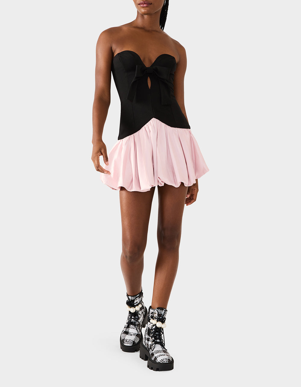 Betsey Johnson Essential - BETSEY'S BOW DRESS BLACK MULTI Women's Strapless Black and Pink Mini Dress