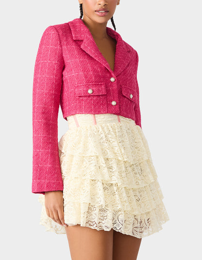 Betsey Johnson Sale - TWEED CROPPED BLAZER HOT PINK Women"s Long-Sleeved Cropped Button-Up Jacket
