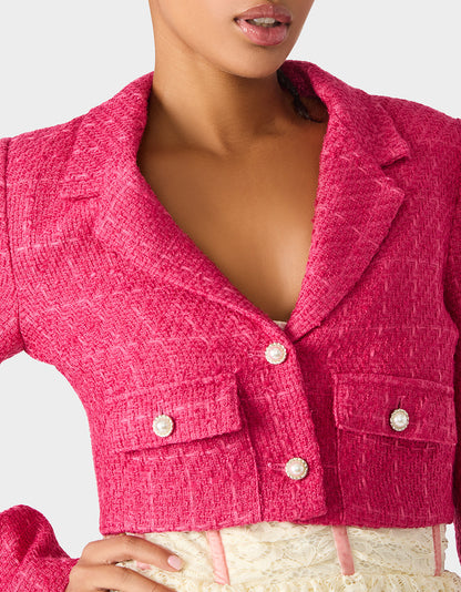 Betsey Johnson Sale - TWEED CROPPED BLAZER HOT PINK Women"s Long-Sleeved Cropped Button-Up Jacket