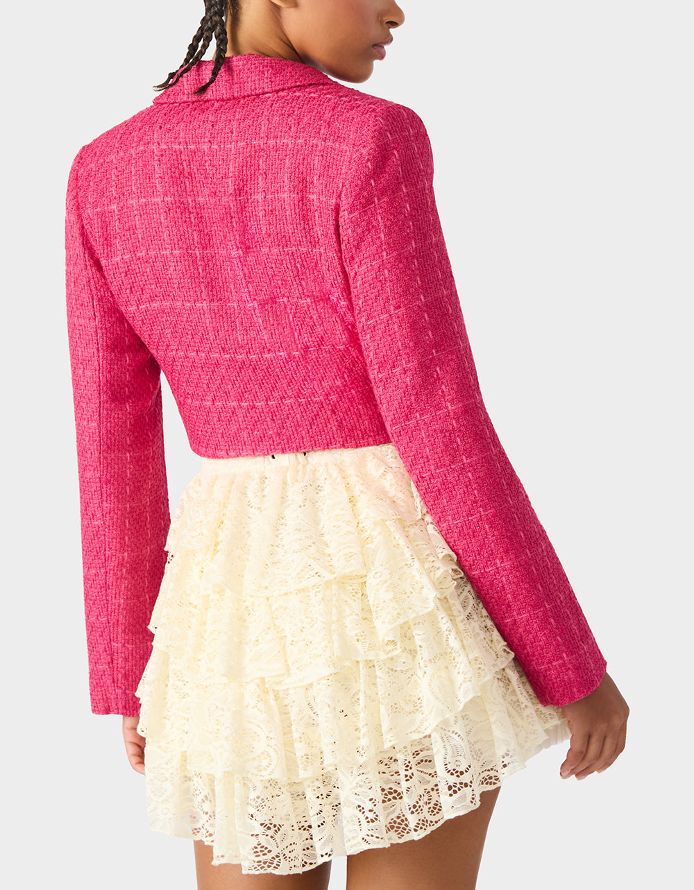Betsey Johnson Sale - TWEED CROPPED BLAZER HOT PINK Women"s Long-Sleeved Cropped Button-Up Jacket