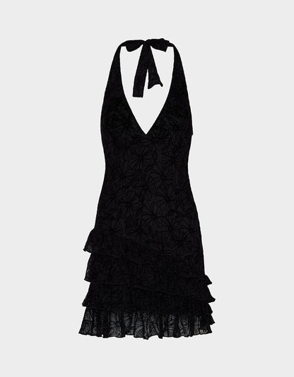 Betsey Johnson Latest - DARK DAHLIA DRESS BLACK Women's Halter Ruffle Mini Dress Black