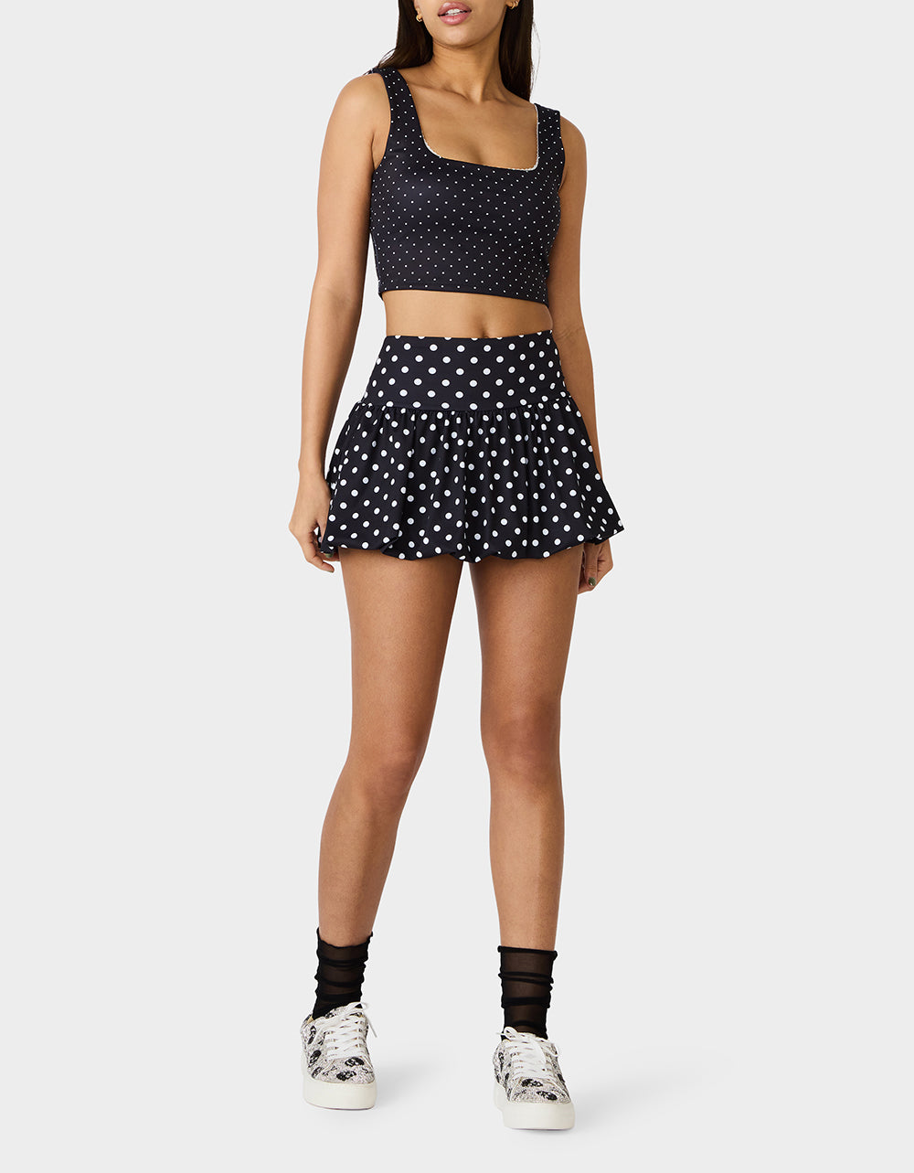 Betsey Johnson Sale - BUBBLE PRINT POLKA DOT SKIRT BLACK MULTI Women's Activewear Black Polka Dot Bubble Hem Skirt