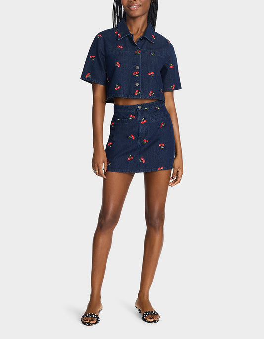 Betsey Johnson Great Value - CHERRY ON TOP SHIRT DENIM Women's Button-Up Denim Top