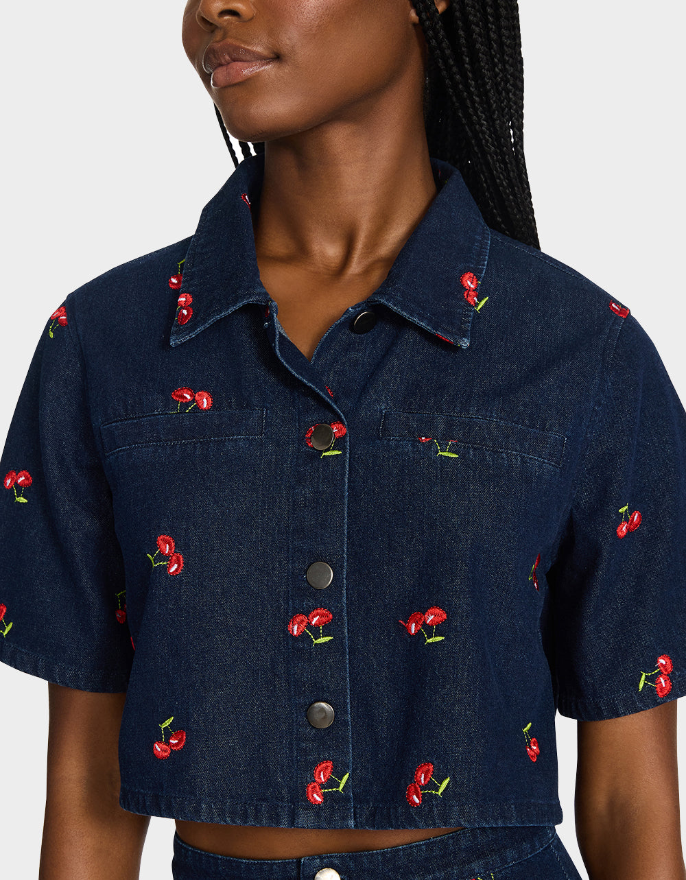 Betsey Johnson Great Value - CHERRY ON TOP SHIRT DENIM Women's Button-Up Denim Top