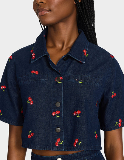 Betsey Johnson Great Value - CHERRY ON TOP SHIRT DENIM Women's Button-Up Denim Top