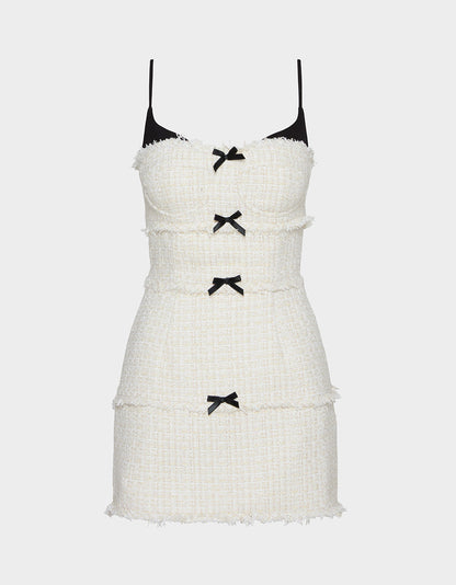 Betsey Johnson Customer Favorite - TWEED COMBO DRESS OFF WHITE Women's Tweed Bow Mini Dress